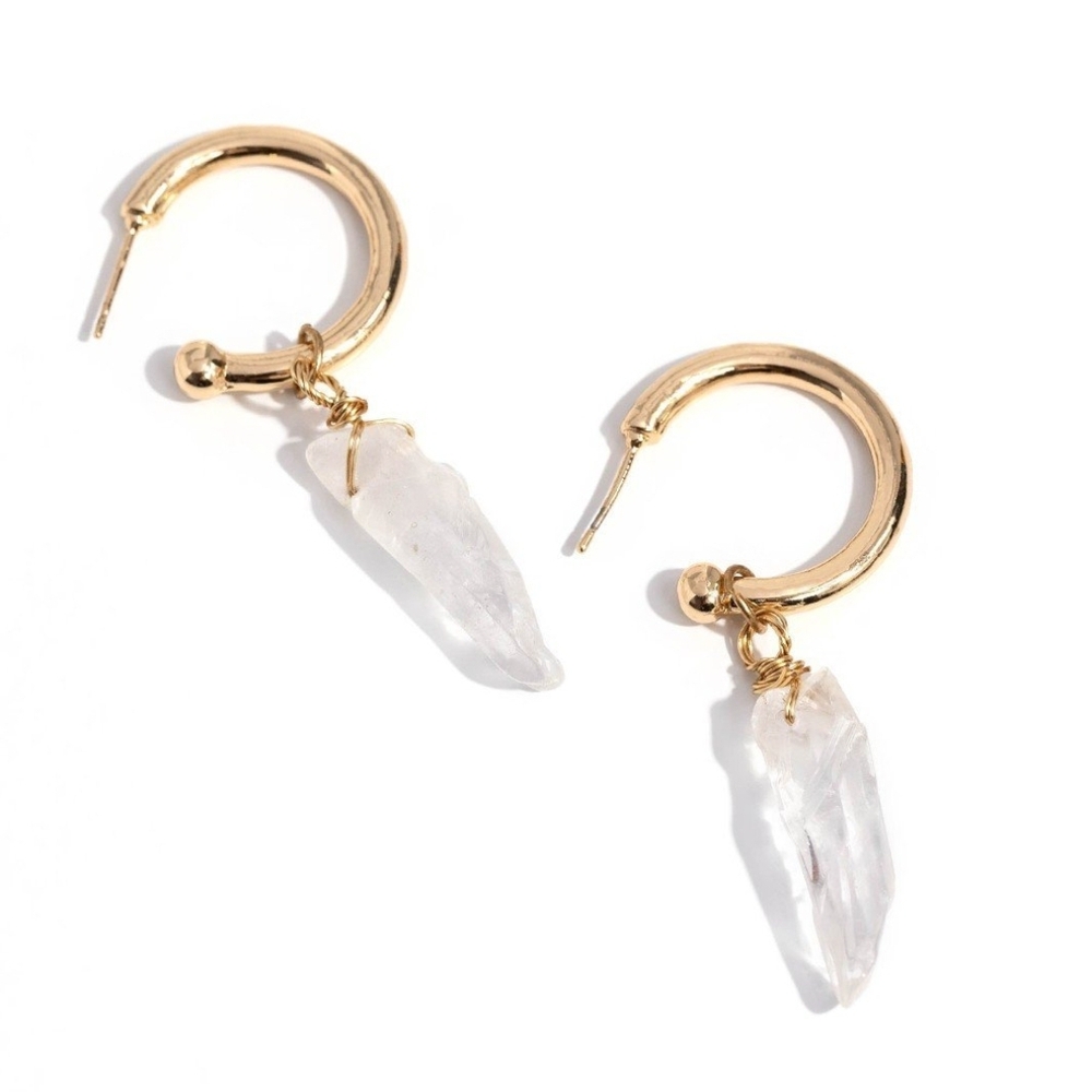 Gold Hoop Earrings Crystal Drop Excavated Elegance - White Stone Fashion Jewelry